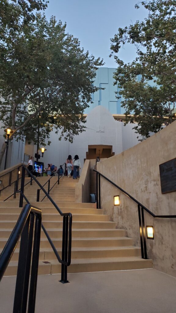 stairway of stone leading up outside the ford theater, trees, sky, impressive height