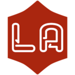 A red hexagonal logo for LA Culture Index resembling a shortened theater marquee with the stylized letters "LA" on them, as if the letters were neon lights.
