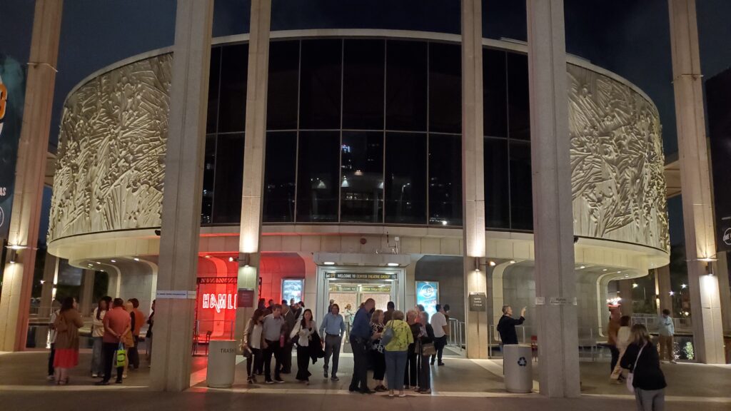 Exterior shot of the Mark Taper Forum theater at night, after the play.