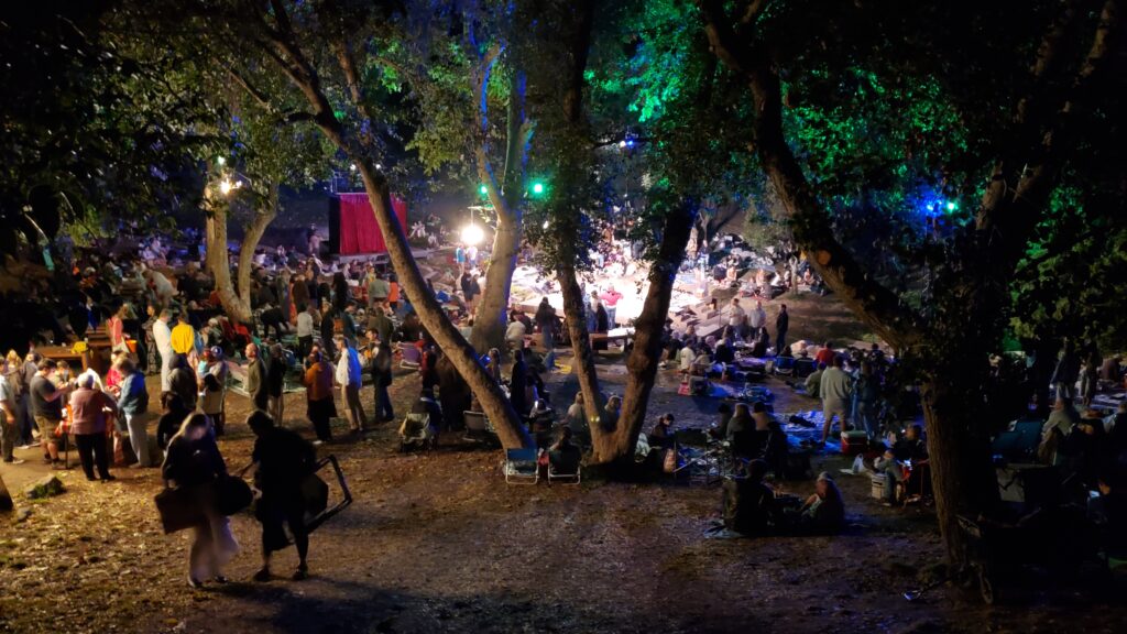 beautiful colorful dynamic night shot of the forest around the stage, with spotlights, people, action