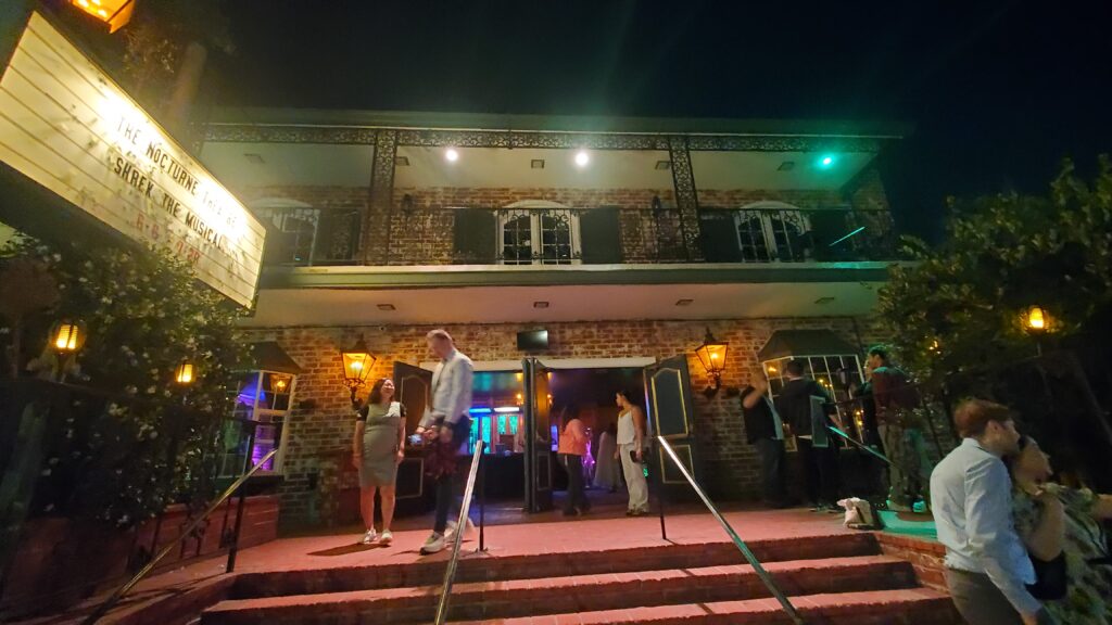 Exterior of the Nocturne Theater in Glendale (Los Angeles, California), brick building, sign for Shrek.