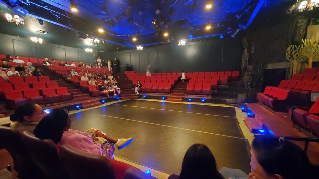 Interior of the Nocturne Theater in Glendale, showing the full 4-sided theater seats from my view on the right side of the stage.